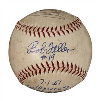 1951 Bob Feller RARE Game Used, Signed and Inscribed Baseball From 3rd Career No-Hitter Game (Mears & PSA/DNA)